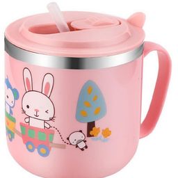 FunBlast Cartoon Design Milk Mug with Straw and Lid for Kids270 ml Pink-17