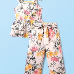 CrayonFlakes Rayon Knit Sleeveless Floral Printed Bow Applique Detailed Coordinating Top & Palazzo Set - Off White-image-80