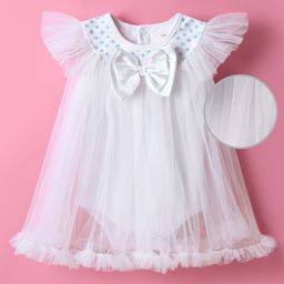 Mark & Mia Woven Frill Sleeves Party Onesie with Bow Applique & Sequin Detailing - White-image-44