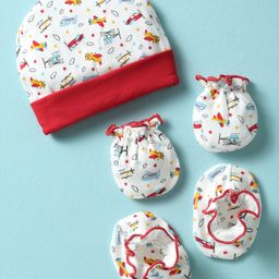 Ben Benny 100% Cotton Knit Cap Mitten & Booties Set With Vehicles Print Red - Diameter 10 cm-image-90