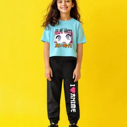 Trampoline Cotton Blend Half Sleeves Lets Start To Be Happy Text Printed Coordinating Top & Joggers Set - Blue & Black-image-7