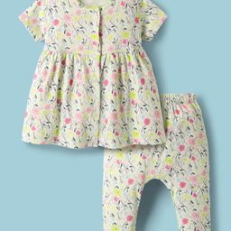 Cucumber Interlock Knit Half Sleeves Frock with Leggings & Floral Print - Light Green-picture-9
