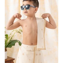 Tiber Taber 100% Cotton Abstract Foil Printed & Lace Embellished Angavastram - Cream-image-45