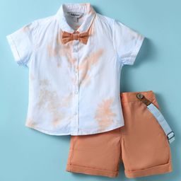 ToffyHouse Poplin Woven Half Sleeves Shirt & Shorts With Bow & Suspender - White & Rust Orange-picture-20