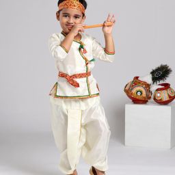 Dapper Dudes Janmashtami Theme Full Sleeves Lord Krishna Costume Set - White-picture-24