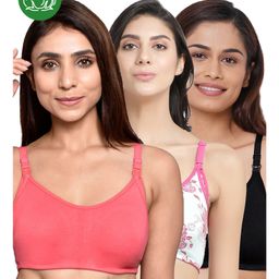 Inner Sense Organic Cotton Knit Pack Of 3 Solid & Floral Printed Antimicrobial Maternity Bras With Nursing Access - Multi Colour-picture-12