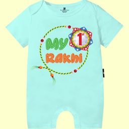 The Peppy Tend 100% Cotton Knit Raksha Bandhan Theme Half Sleeves My 1st Rakhi Text Printed Romper - Sea Green-image-56