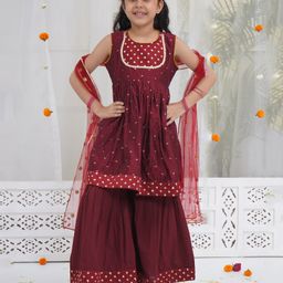 Little Bansi 100% Cotton With Chanderi Silk Woven Sleeveless Floral & Zari Work Embroidered Kurti With Coordinating Sharara & Dupatta - Maroon-picture-37