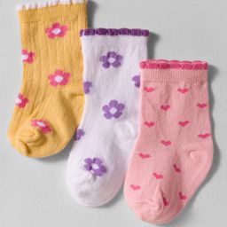 Cute Walk by Babyhug Knit Ankle Length Anti-bacterial Socks with Floral Print Pack of 3 - Yellow White & Pink-picture-2