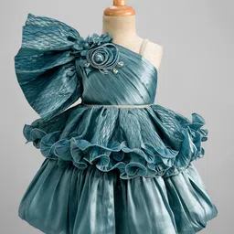 Enfance Half Bell Sleeves Stones Embellished Floral Applique Detailed Layered Knee Length Dress - Teal-picture-47