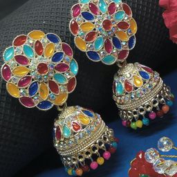 Soniya Crafts Gold Plated Artificial Stones Studded And Beaded Dome Shaped Jhumkas-image-30