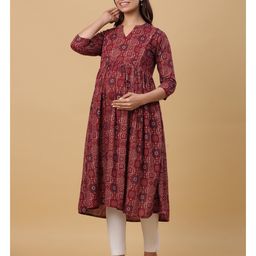 CRAFIQA Three Fourth Sleeves Floral Printed Maternity Kurta With Concealed Zipper Nursing Access - Maroon image 5