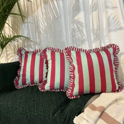 LUSHLYF Green & Maroon 3 Pieces Striped Pure Cotton Square Cushion Covers-18