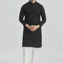 VASTRAMAY Floral Schiffli Embroidered Sequinned Mandarin Collar Straight Kurta & Trousers-image-92