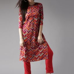 HERE&NOW Women Orange & Grey Printed Straight Kurta-image-6