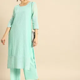 Anouk Women Blue Chikankari Embroidered Kurta with Palazzos-41