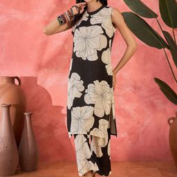 Sangria Floral Printed Round Neck Straight Kurta With Trousers-32