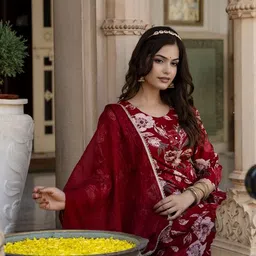 KALINI Floral Embroidered Mirror Work Pure Cotton A Line Kurta Palazzos With Dupatta-34