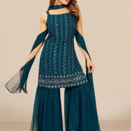 PARROT CREATION Embroidered Straight Sequinned Kurti With Palazzos And Dupatta-38