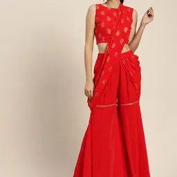 Shae by SASSAFRAS Women Red Ethnic Motifs Printed Flared Palazzos with Attached Pallu-picture-22