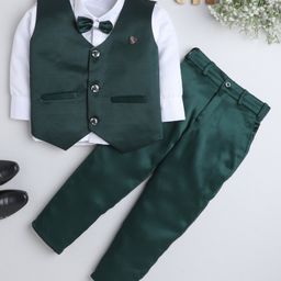 Fourfolds Full Sleeves Shirt With Pants & Waistcoat With Bow Tie - Green-image-87