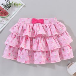Babyhug Knee Length Frilled Cotton Skirt Floral Print With Bow Applique - Pink-picture-17