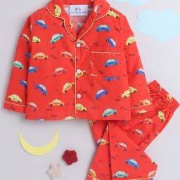 Knitting Doodles Pure Cotton Full Sleeves All Over Cars Printed Night Suit - Red-image-35