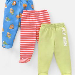 Babyhug Cotton Full Length Bootie Pants Stripes & Fruit Print Pack Of 3- Green & Blue-image-68