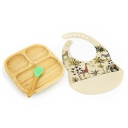 StarKiddo Slate Bamboo Suction Plates with Weaning Spoon and Cute Adjustable Printed Bib for Baby and Toddler - Green Beige-20