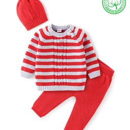 Babyhug Full Sleeves Sweater Set with Cap Striped Design - Rust Red & Grey-image-3