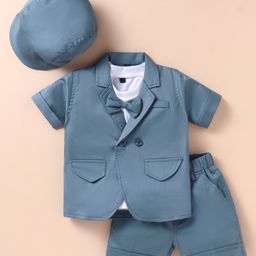 Robo Fry Knit Half Sleeves T-Shirt & Shorts Set with Hat Attached Bow & Blazer - Charcoal Grey-image-63
