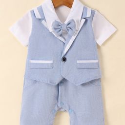 Mark & Mia Half Sleeves Partywear Romper With Bow Solid Colour - Blue & White-image-55