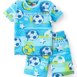 Babyhug Single Jersey Knit Half Sleeves Night Suit Soccer Ball Print - Blue-image-68