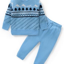 Babyhug Knit Full Sleeves Pullover Sweater and Pant Set Pine Tree Print - Blue-image-0