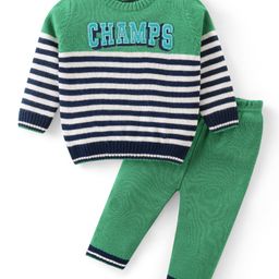 Babyhug Knitted Full Sleeves Sweater Set with Stripes Design & Text Patch Detailing - Green-image-83