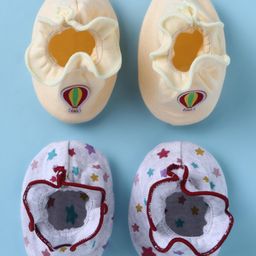 Ben Benny 100% Cotton Knit Booties with Hot Air Balloon Patch & Star Print Pack of 2 - Light Yellow & White-25