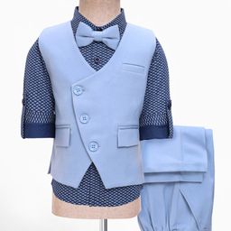 Robo Fry Woven Full Sleeves Printed 3 Piece Party Suit With Bow - Light Blue-picture-31