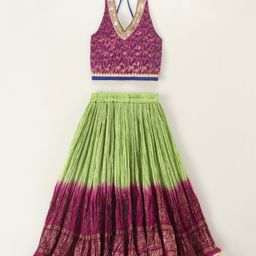 Twisha Sleeveless Halter Neck Floral Printed & Lace Embellished Choli With Ombre Lehenga Set - Magenta & Green-image-27