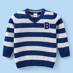 Babyhug Knit Full Sleeves Sriped Pullover with Text Embroidery - Navy Blue & White-image-100