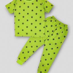 Kiwi Cotton Half Sleeves Star Printed Tee & Coordinating Lounge Pant Set - Green-image-73