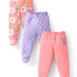Babyhug Interlock Knit Footed Leggings with Floral Print Pack of 3 - Pink& Purple-image-54