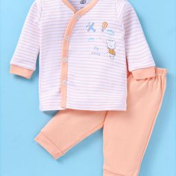 Zero Interlock Knit Full Sleeves Front Open Night Suit With Stripes & Bunny Print - Light Peach-16