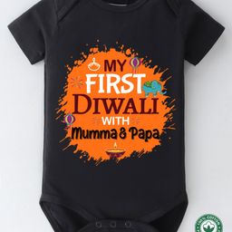 BLUSHES Diwali Theme 100% Cotton Half Sleeves My First Diwali With Mumma & Papa Text Printed Onesie - Black-picture-36