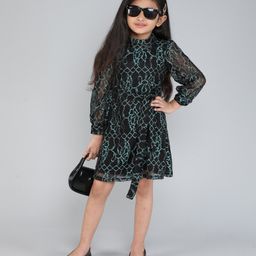 Taffykids Lace Full Sleeves Floral Printed & Lurex Detailed Party Dress - Black & Green-picture-12