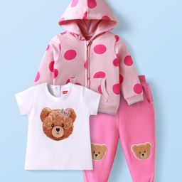 Babyhug Terry Knit Full Sleeves Polka Dots Front-Zipper Hooded Jacket with Bear Print T-Shirt & Joggers Set - Pink & White-image-96
