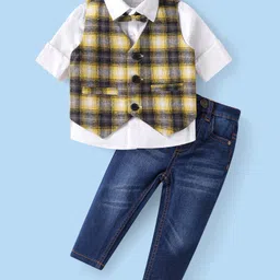 Babyhug Woven Full Sleeves Checkered 3 Piece Party Suit with Bow - Mustard-picture-4