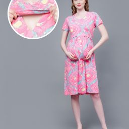 True Shape Half Sleeves Tie Dye Maternity Dress With Zipless Nursing Access - Baby Pink-image-45