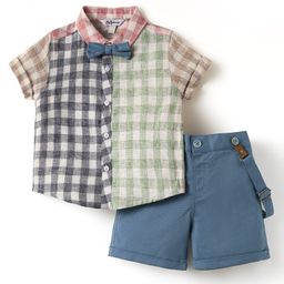 ToffyHouse Poplin Woven Half Sleeves Checks Shirt & Shorts With Bow & Suspender - Multicolor-picture-21