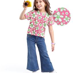 Babyhug Single Jersey Knit Half Sleeves Floral Printed Top & Solid Denim Jeggings Set - Pink & Blue-picture-17