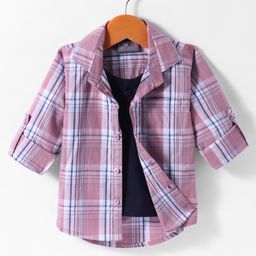 Dapper Dudes Full Sleeves Checked Shirt With Attached Tee - Onion Pink-image-55
